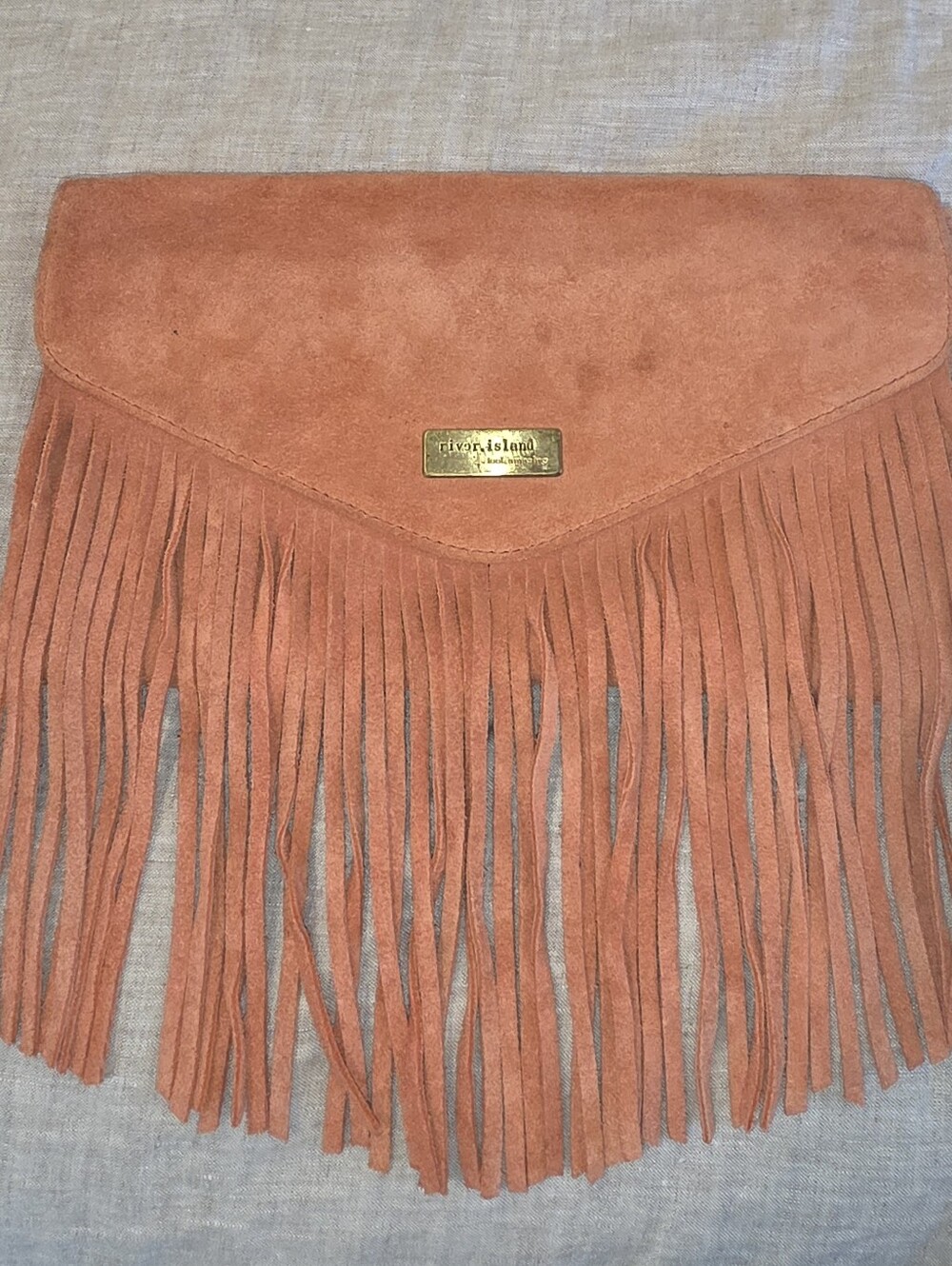 River Island Coral Suede Fringe Clutch with Gold Logo